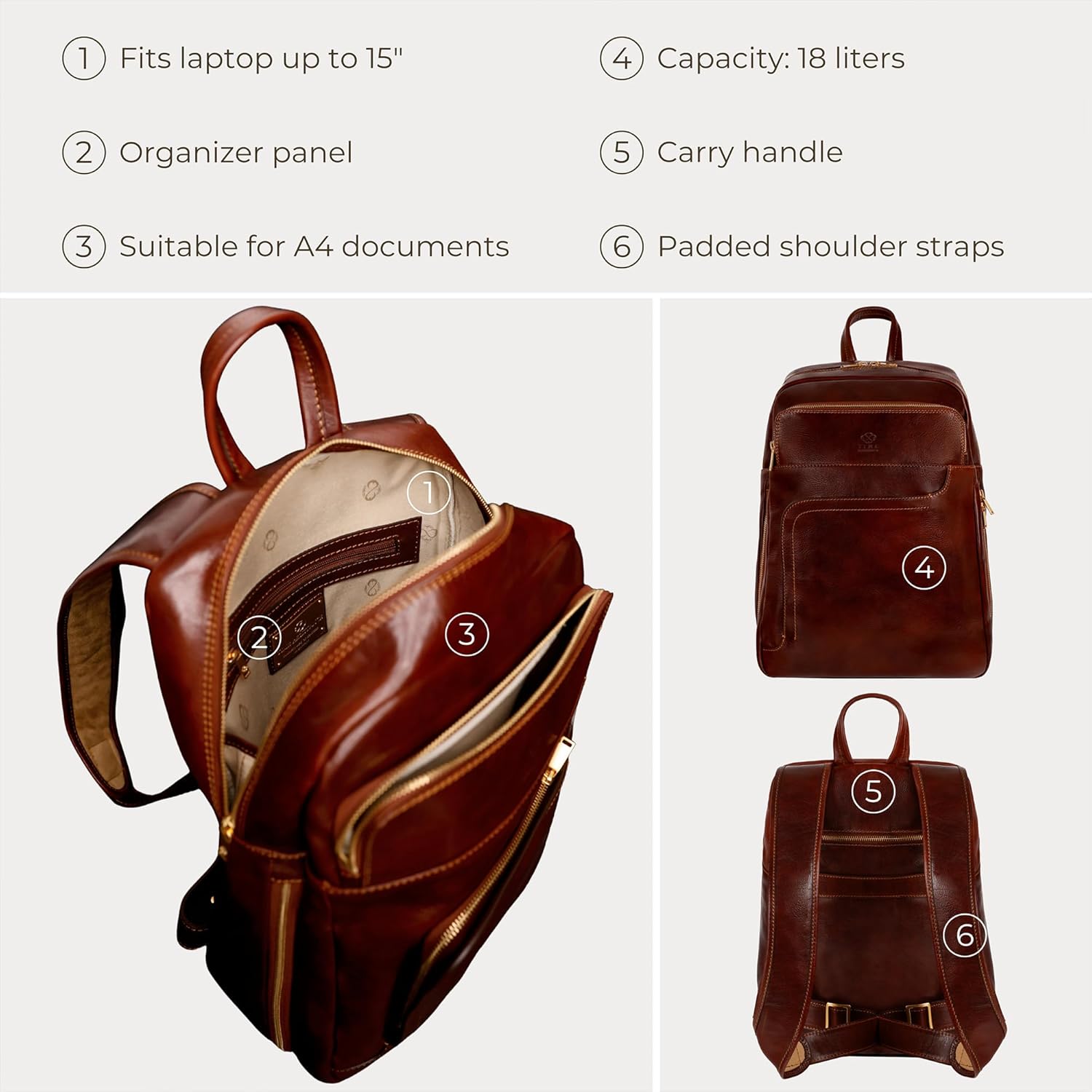 Time Resistance Leather Business Backpack - Laptop and A4 Portfolio Bag - Travel Bag Rucksack (Brown) - Image 7