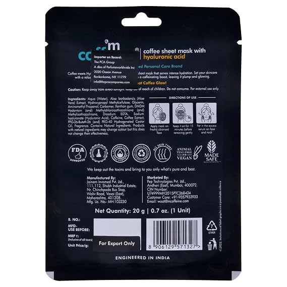 mCaffeine Coffee Sheet Mask with Hyaluronic Acid - Face Mask Skin Care - 24 Hour Hydration - Enhanced Skin Glow and Plumpness - 1 pc (Pack of 3)