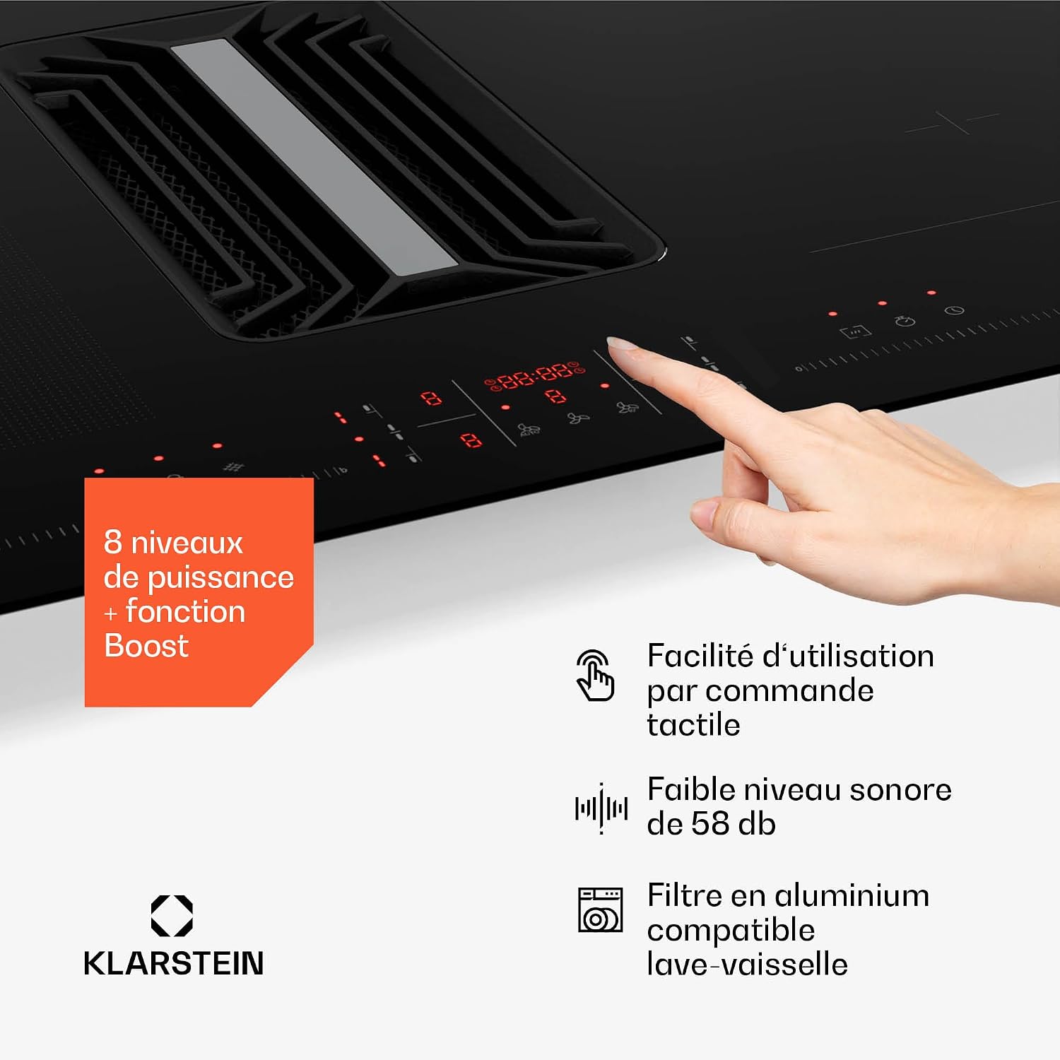 Close-up of the touch control panel of the Klarstein AirJet Hybrid, showing power level indicators, boost function, and other controls.