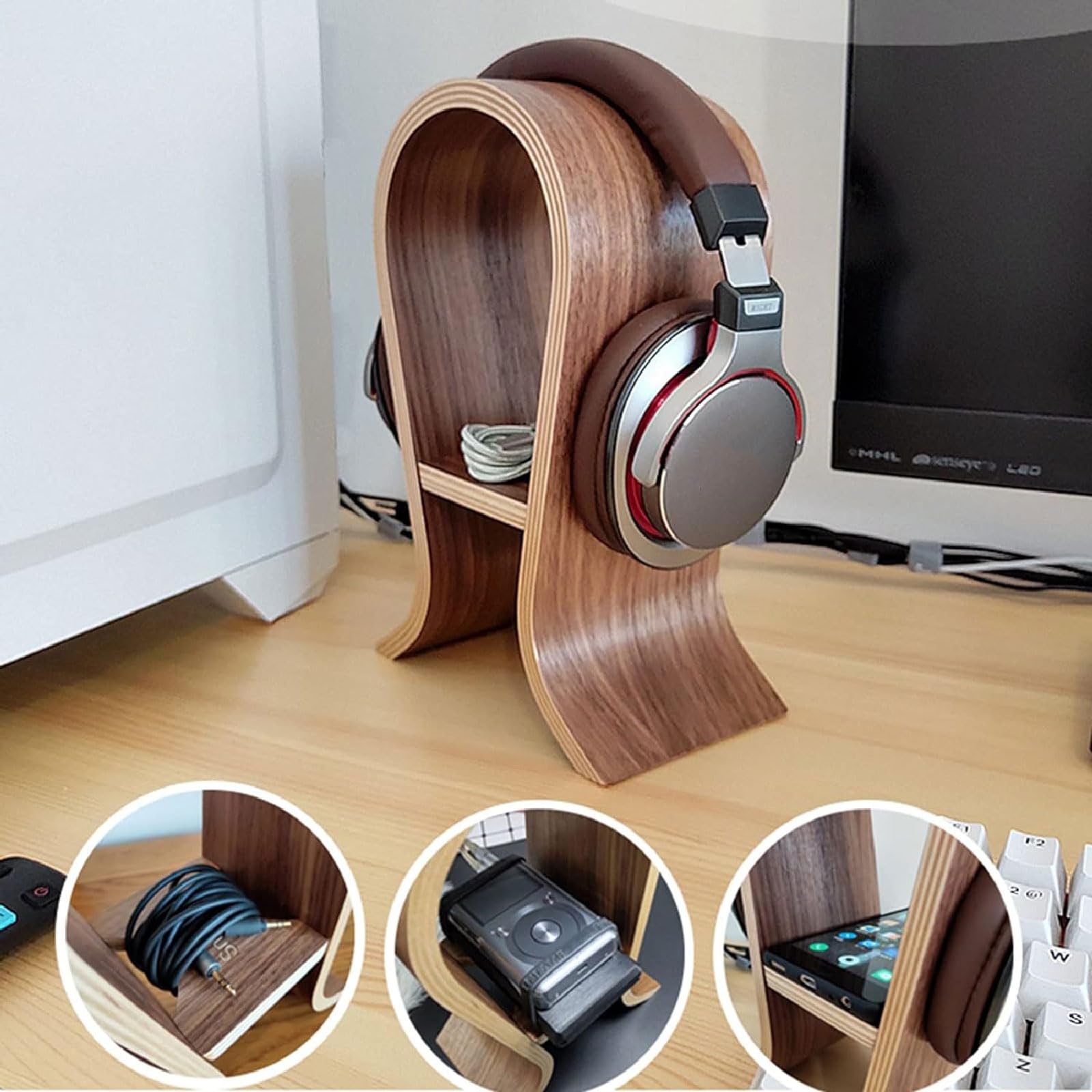 Soporte de Madera para Auriculares/Soporte para Auriculares, Acabado de Nogal, Pantalla para Auriculares para Juegos, Estante Creativo para Auriculares, Colgador para Auriculares