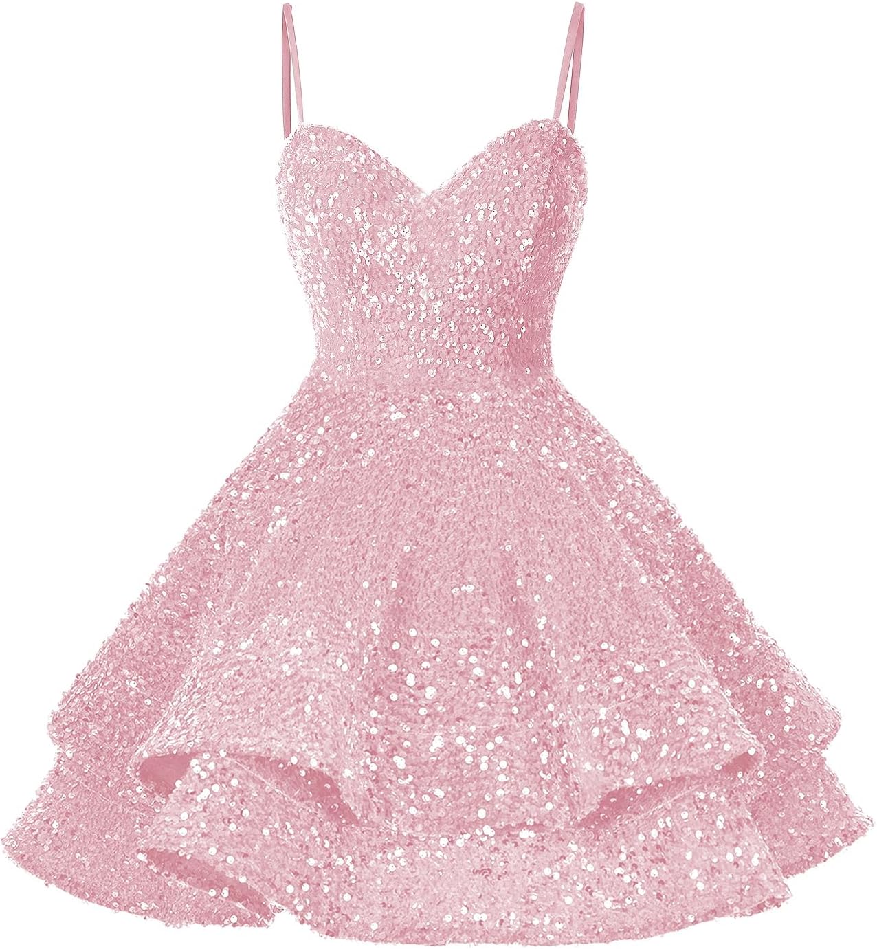 Stylefun Sequin Sweetheart Homecoming Dress for Teens Short Spaghetti Straps Tiered Cocktail Party Dresses CYM147