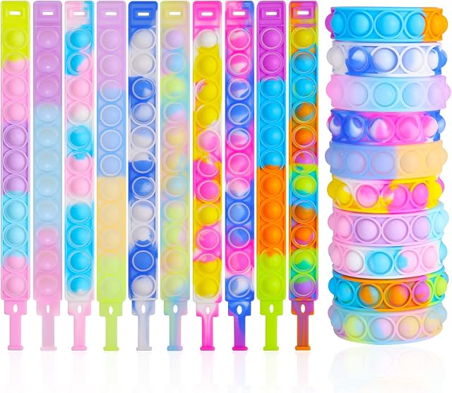QINREN Pop Bracelet It, 10 Pcs Wristband Fidget Decompression Toys Set, Silicone Rainbow Baby Sensory Toy Gifts for Kids Boys Girls Stress Relief & Anti-Anxiety( Multi)