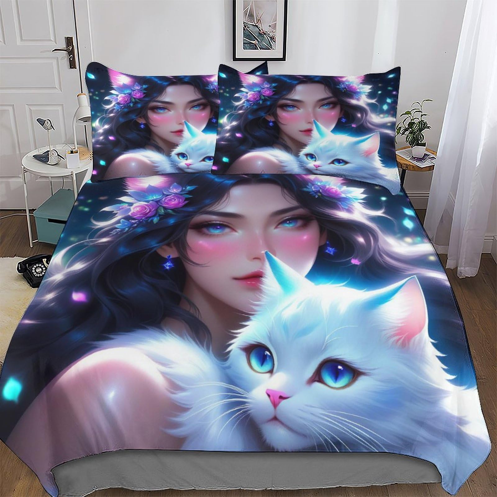 Cat Girl Bedding Set Duvet Cover Set Comforter Cover 3 Pieces For Kids Teens Microfiber Soft Poly Quilt Cover Double (200x200cm)
