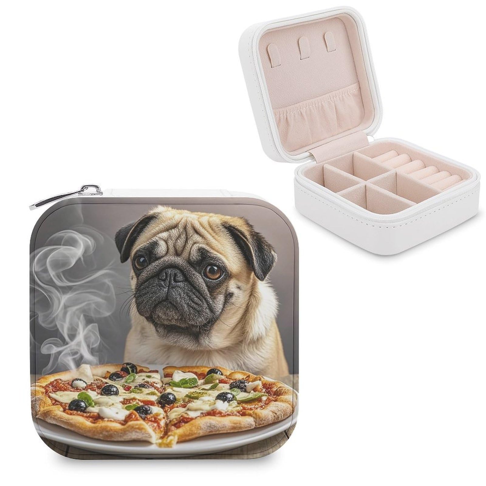 FekiLoot Pug Pizza Jewelry Case Personalized Leather Jewelry Box Mini Travel Jewelry Case Small Portable Jewelry Organizer for Ring Earrings Necklace Bracelet