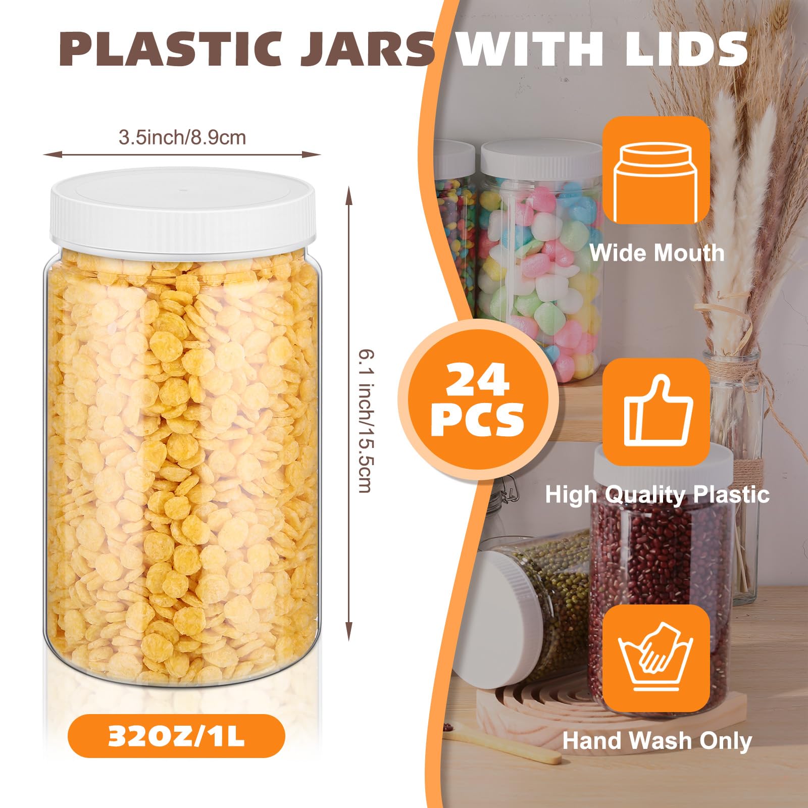 Lallisa Lot de 24 bocaux de rangement vides en plastique PET transparent avec couvercles nervurés pour cuisine, travaux manuels, beurre et miel - 946 ml