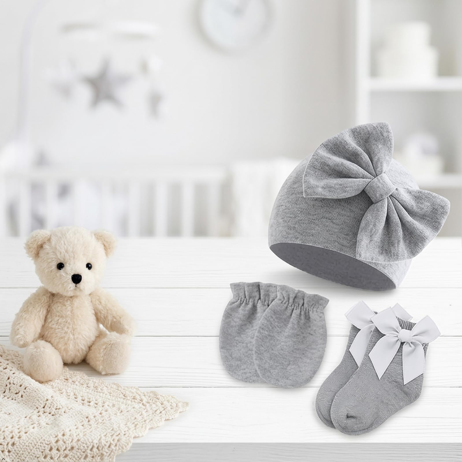 Frühchenmütze, Fäustlinge und Socken, 6 Stück, Baumwollschleifen-Kappen und kratzfeste Frühchen-Fäustlinge für Babys und Mädchen