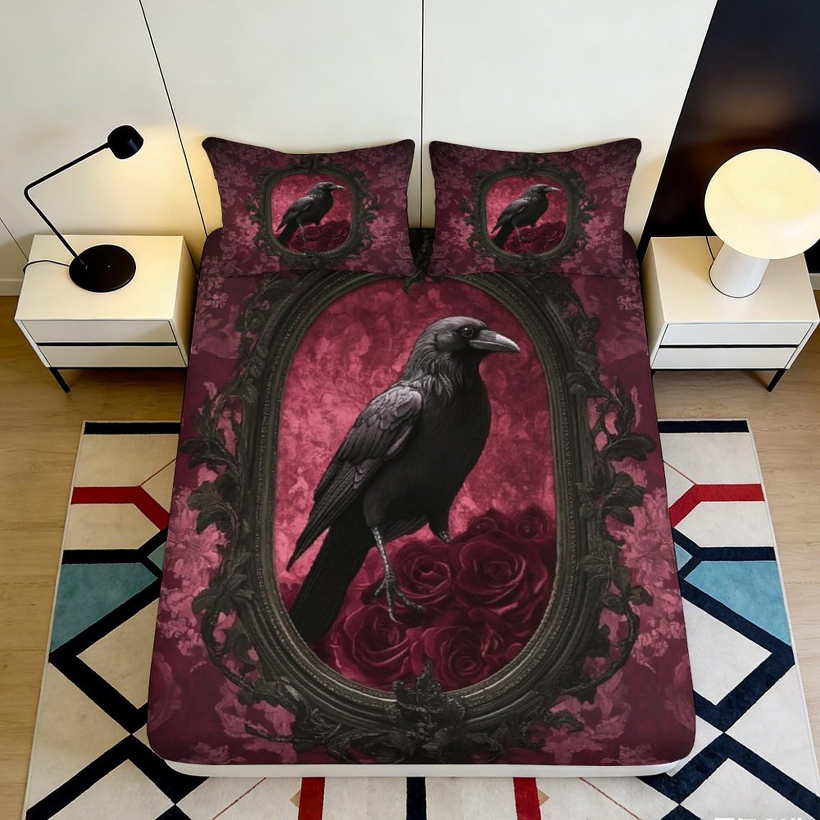 3D Printed Gothic Raven Fitted Sheet Microfiber Soft Breathable Black Crow Bed Cover for Bedroom Dormitory Guest Room Mattress Protection 200x200x25cm