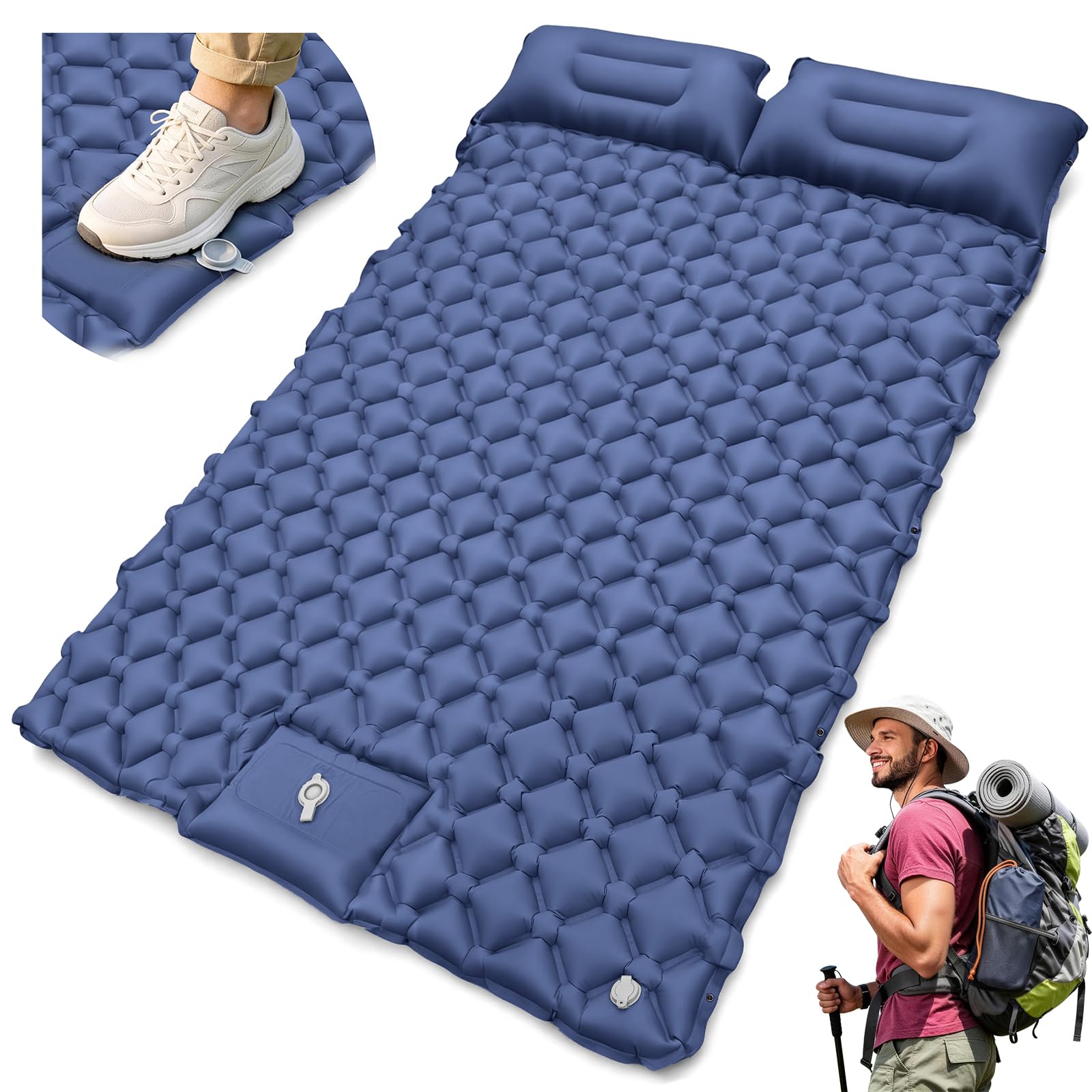 Camping Sleeping Pad with Built-in Foot Pump, Extra Thick Inflatable Camping Mattress for 2 or Couples, Ultralight Sleeping Mat with Pillows, Compact Air Bed for Camping&Tent (Navy Blue, Double)