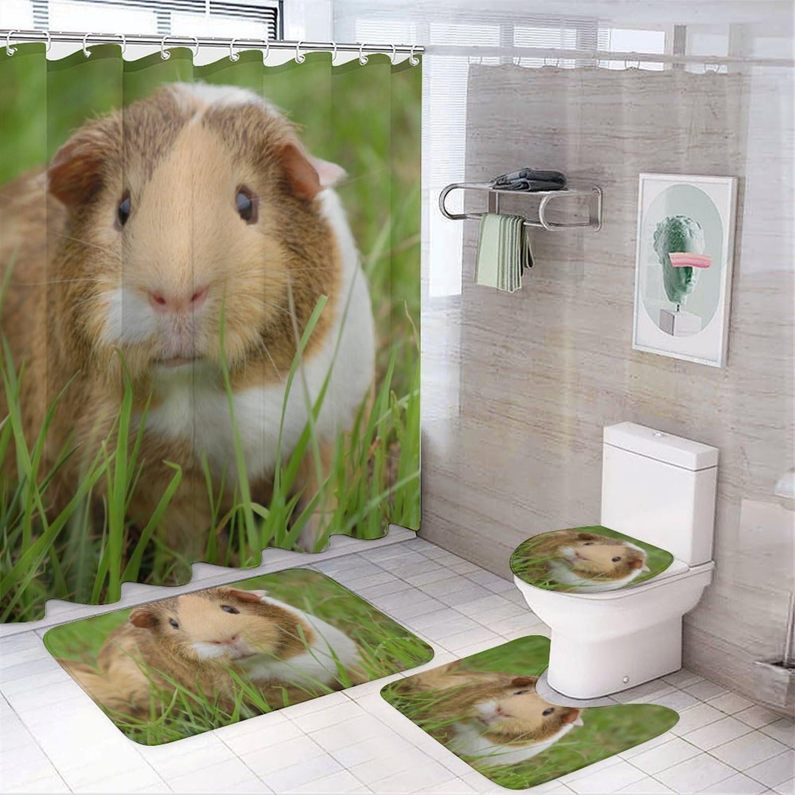 JZemdybill Bathroom Mat Set 4 Piece, Guinea Pig Shower Curtain with Non-Slip Bath Mats for Bathroom