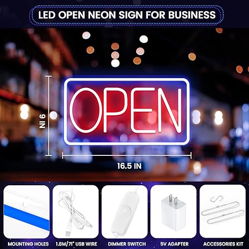 Miniatura 2 de Sugarneon Letrero LED de neón abierto para negocios con adaptador, 16.5 x 9 pulgadas, brillo ajustable, letrero de apertura LED alimentado por USB,