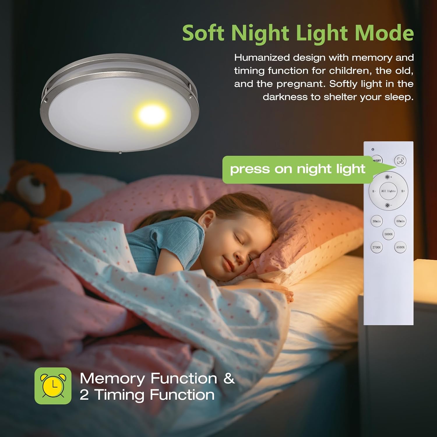 17.5 Inch Flush Mount Ceiling Light - 2 Pack 60W Remote Control Dimmable Led Ceiling Light Fixture for Kitchen Hallway Bedroom Bathroom