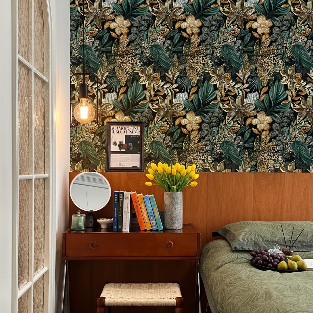 Vintage Green Floral Wallpaper Peel and Stick Boho Forest Wallpaper for Bedroom Walls 17.3"x78.7" Removable Renter Friendly Wall Paper,Self Adhesive Botanical Contact Paper for Cabinet B3-2