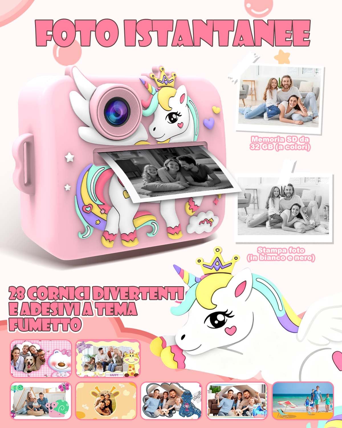 Onalix Macchina Fotografica Bambini Unicorno Istantanea, 2.4" Schermo, 1080P Video & 16X Zoom, Fotocamera per Bambini 32GB, Stampa Senza Inchiostro, Giochi, Musica, Regalo Ragazze 3-12 Anni