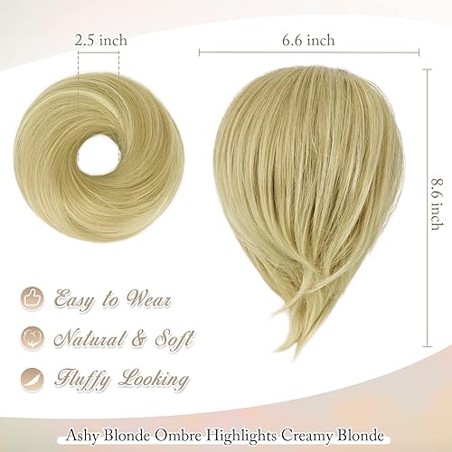 Miniatura 2 de BARSDAR Extensiones de moño de cabello lacio  Extensiones de moño de cabello rubio lacio corto para mujer, extensiones de moño sintético elástico y