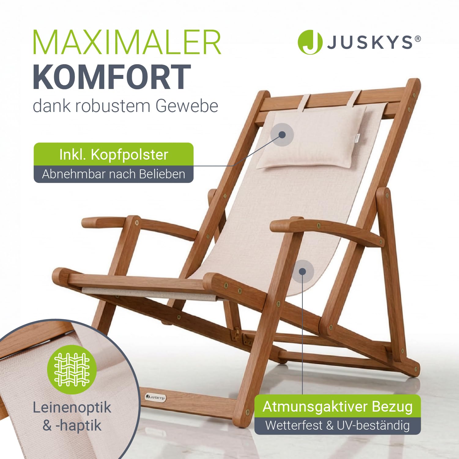 Juskys® Sonnenliege Tavira Creme - Klappbar, 3-Fach verstellbare Rückenlehne, mit abnehmbarem Kopfpolster, wetterfest, geöltes Akazienholz, 6 kg