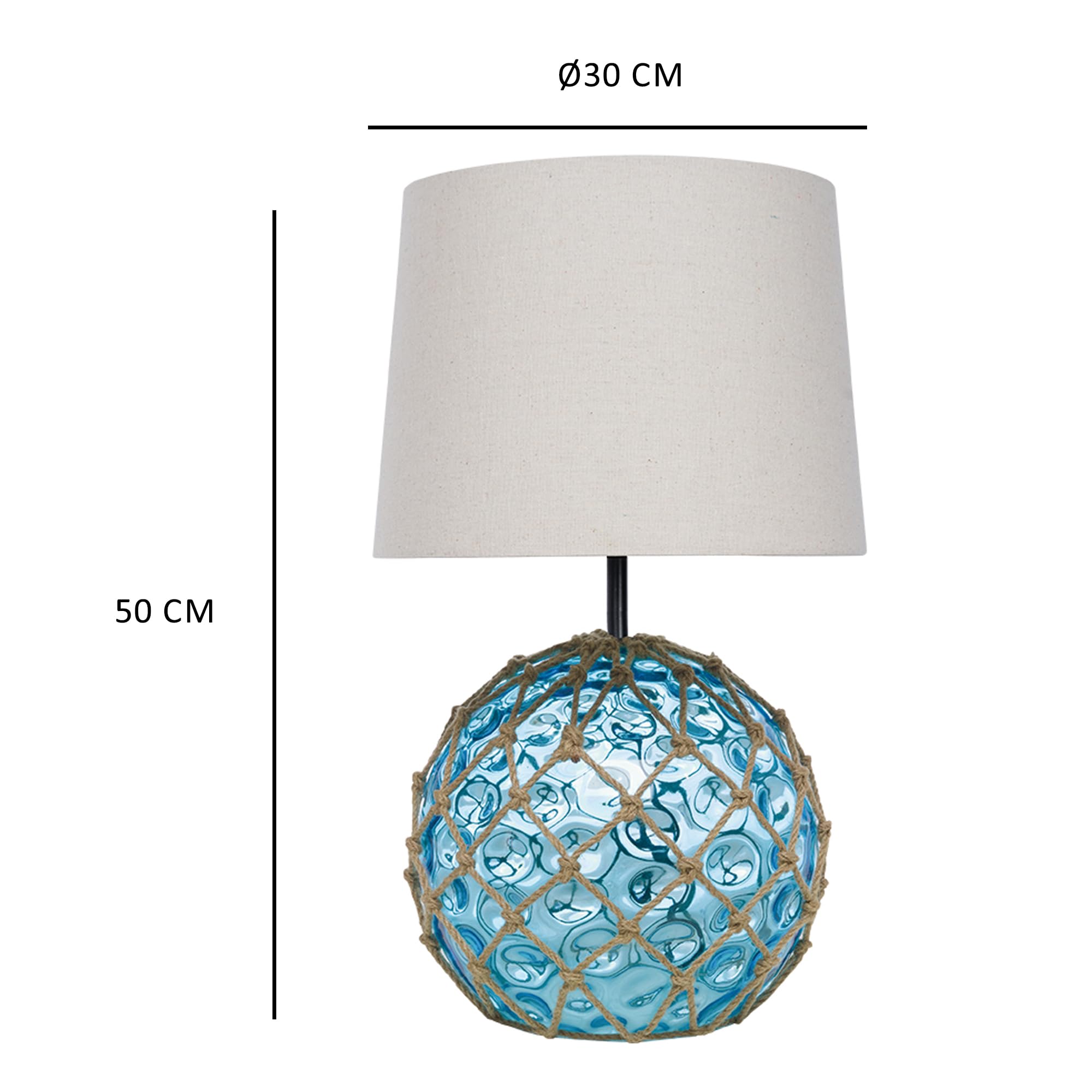 Lámpara marinera de mesa con forma de boya náutica con malla en cabo de cáñamo , lampara náutica de sobremesa Ø30cm, con pantalla cilíndrica en color crudo E27, boya de cristal Azul