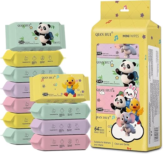 64 Pcs | 8 Pack | Wet Wipes | Alcohol-Free | Pocket Travel Wipes | Ultra Soft Disposable Cleansing &amp; Moisturizing Mini Wip...