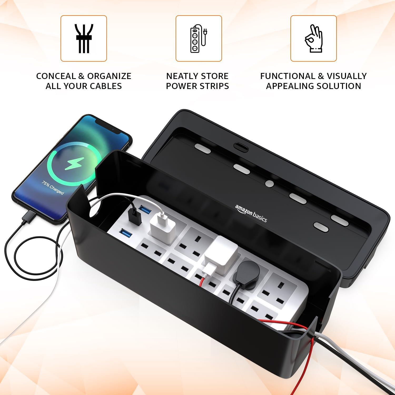 Amazon Basics Cable Management Box with Phone Stand | Cord Organizer Hides Extension Board, Power Strips, Surge Protector, Cords, Wire, Router | TV Cord Box for Desktop, Floor, Home, Office | Black 2