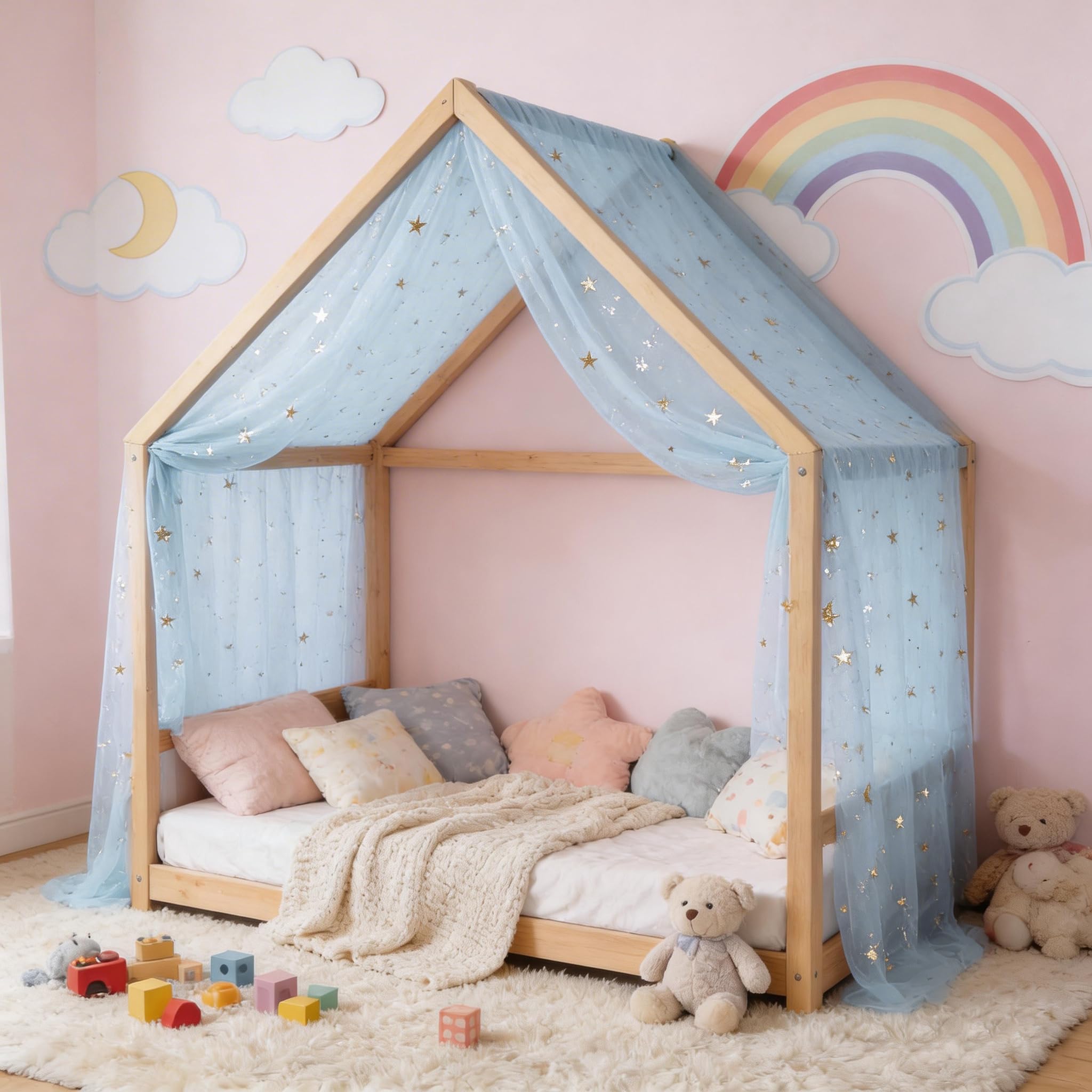 Ingzy Canopy Bed Curtains – Dreamy Star Moon Voile Sheer Drapes for Girls, Kids, Toddler, Montessori, House & Twin Beds, Soft Fabric DIY Princess Decor