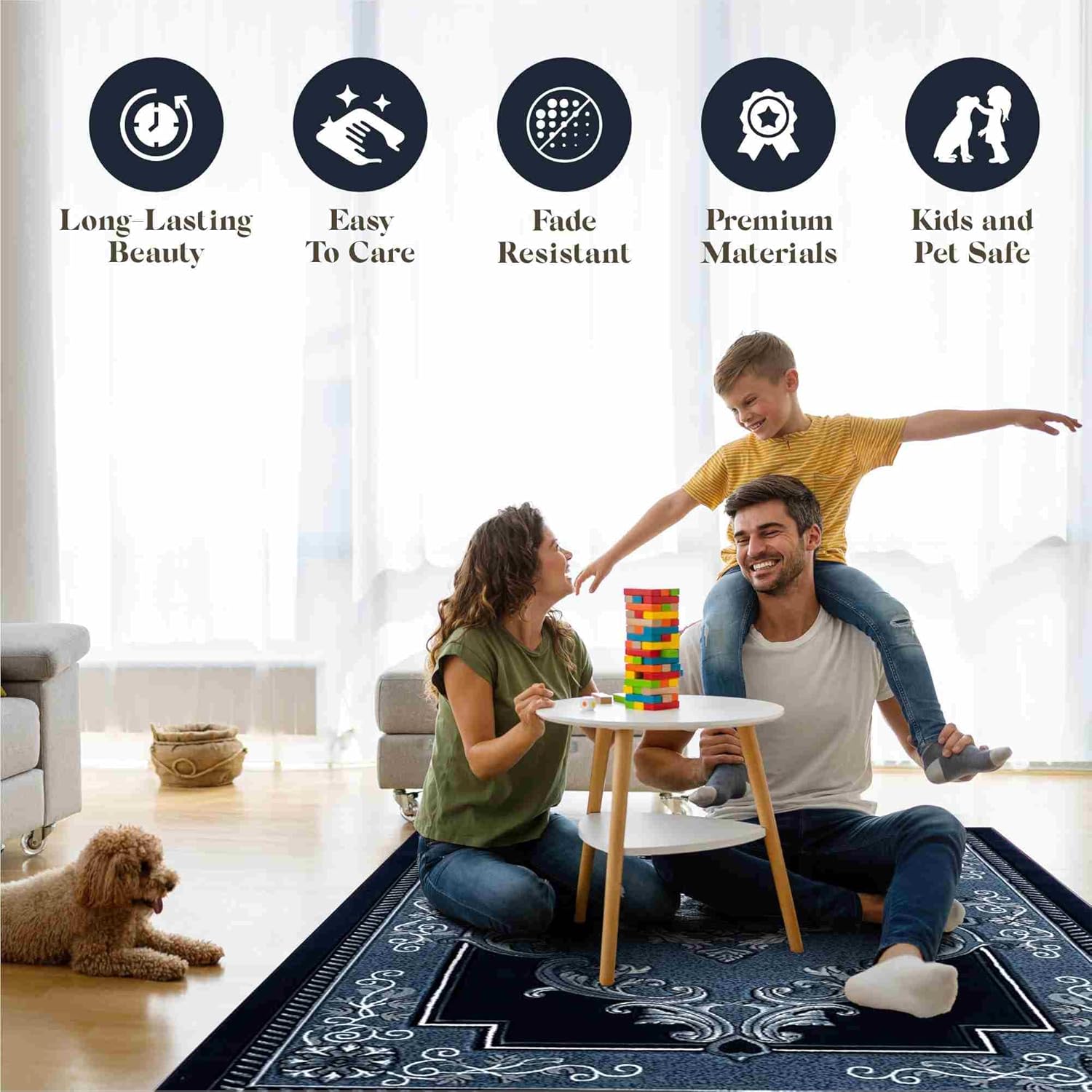 Modern 5x7 Navy Traditional Living Room Rug - Area Rugs for Living Room Dining & Bedroom - Hand Carved Runner Carpet - Durable Polyester - Non-Fade Stain-Resistant - Turkish Made