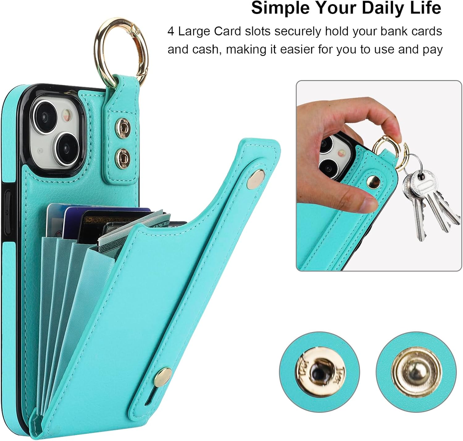 Folosu for iPhone 15 Wallet Case with Card Holder, Hand Wrist Strap Loop Holder Kickstand, RFID Blocking Finger Grip Ring PU Leather Double Buttons Shockproof Cover 6.1" Green - Image 4