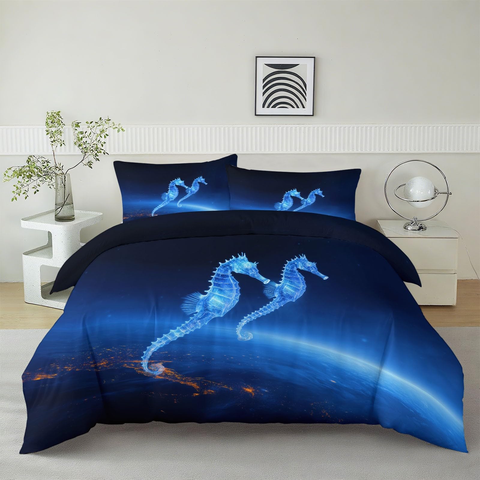 Poszwa na kołdrę z nadrukiem zwierzęta konik morski przestrzeń 200 x 200 cm, fantazyjny styl dwustronny zestaw pościeli dla dzieci chłopców dziewcząt nastolatek - komplet pościeli z zamkiem