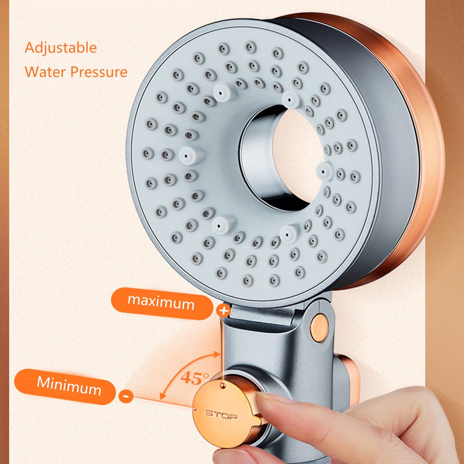 Alcachofa de Ducha, Ducha Mano Alta Presión con 3 Tipos, Ducha Antical, Ahorro de Agua Cabezal Ducha, con Interruptor de Pausa e Filtro, Gris Anaranjado