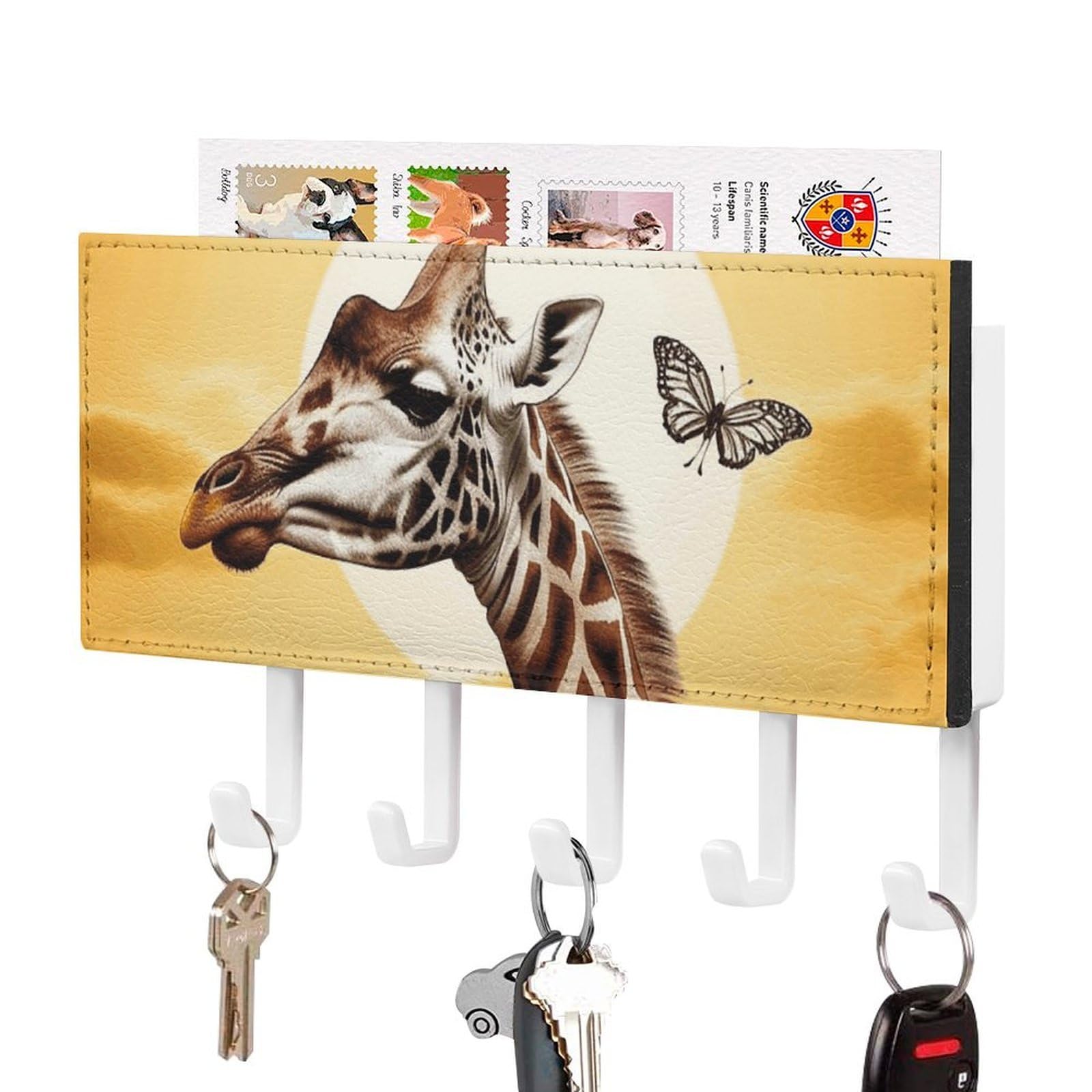 DWVTSLH Giraffe and Sunflower Key Holder for Wall, Decorative Key Hooks with Mail Organizer & 5 Hooks, Self Adhesive Leather Key Hanger for Entryway, Wall Mounted Key Rack (7.1” X 4.3” X 0.9”)