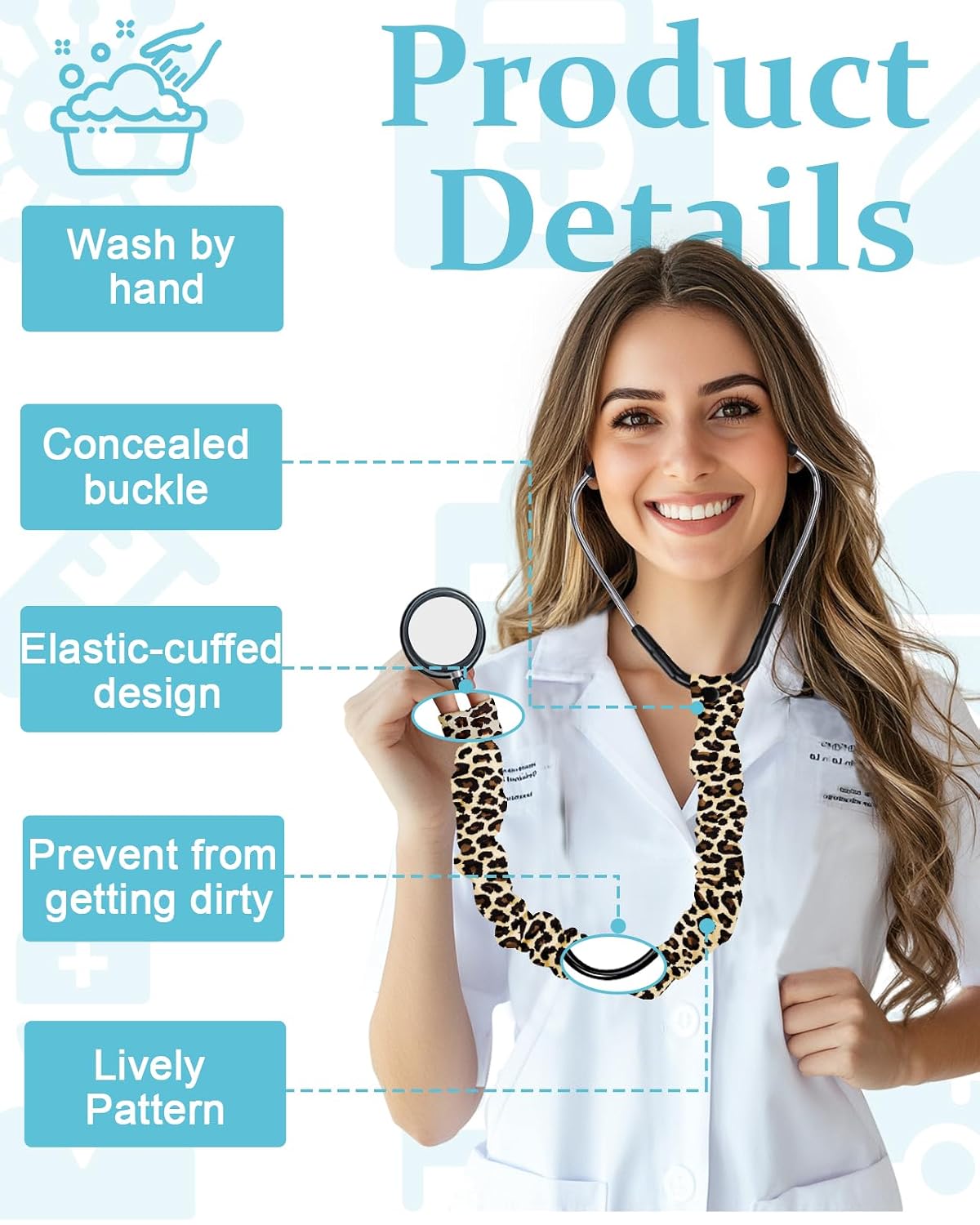 Plifal Elastic Stethoscope Cover Sleeve for Nurse Doctors Cuff Accessories - Leopard Print Pleated Design, Fits Most Dual-head Removable & Single-head Stethoscopes, Comes with Diaphragms and Earplugs