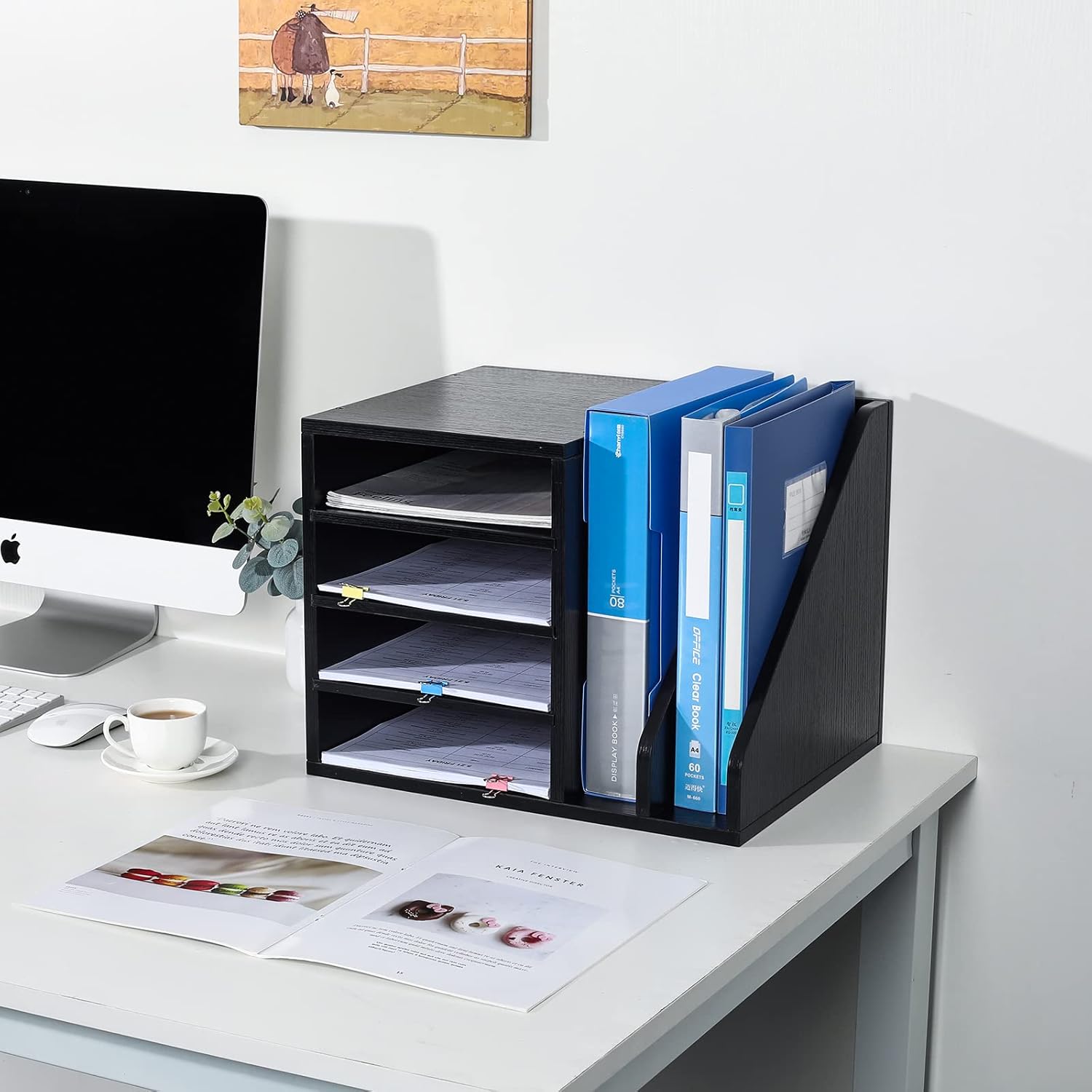 PAG Wood Desktop File Holder Organizer Mail Sorter for File Folders, Mails, Envelopes, Mailing Supplies or Magazines, Black