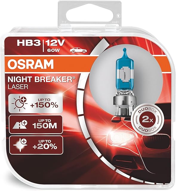 OSRAM NIGHT BREAKER LASER HB3, +150% more brightness, halogen headlight lamp, 9005NL-HCB, 12V, duo box (2 lamps)