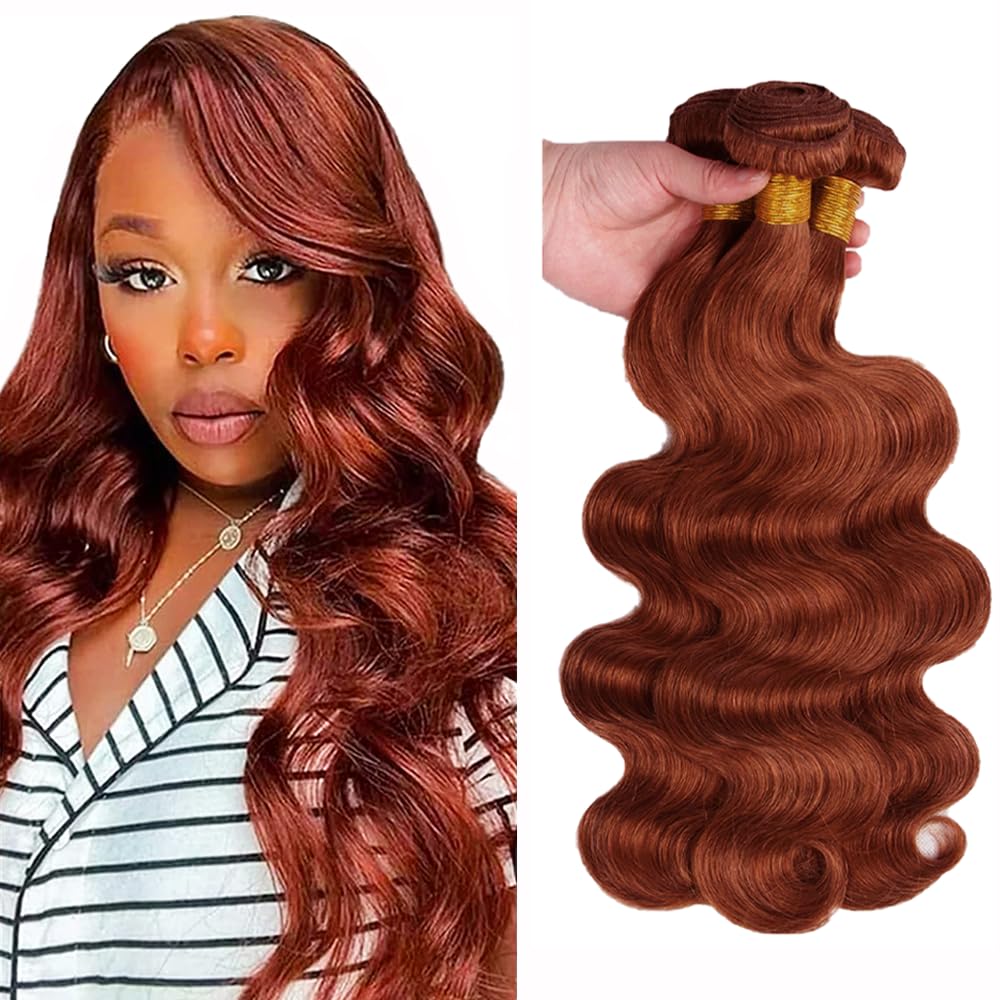 Photo 1 of #33 Reddish Brown Human Hair Bundles Copper Red Body Wave Bundles 20 22 24 Inch Unprocessed Brazilian Virgin Hair Copper Brown Human Hair Extensions 50 Gram Per Bundle 3 bundles