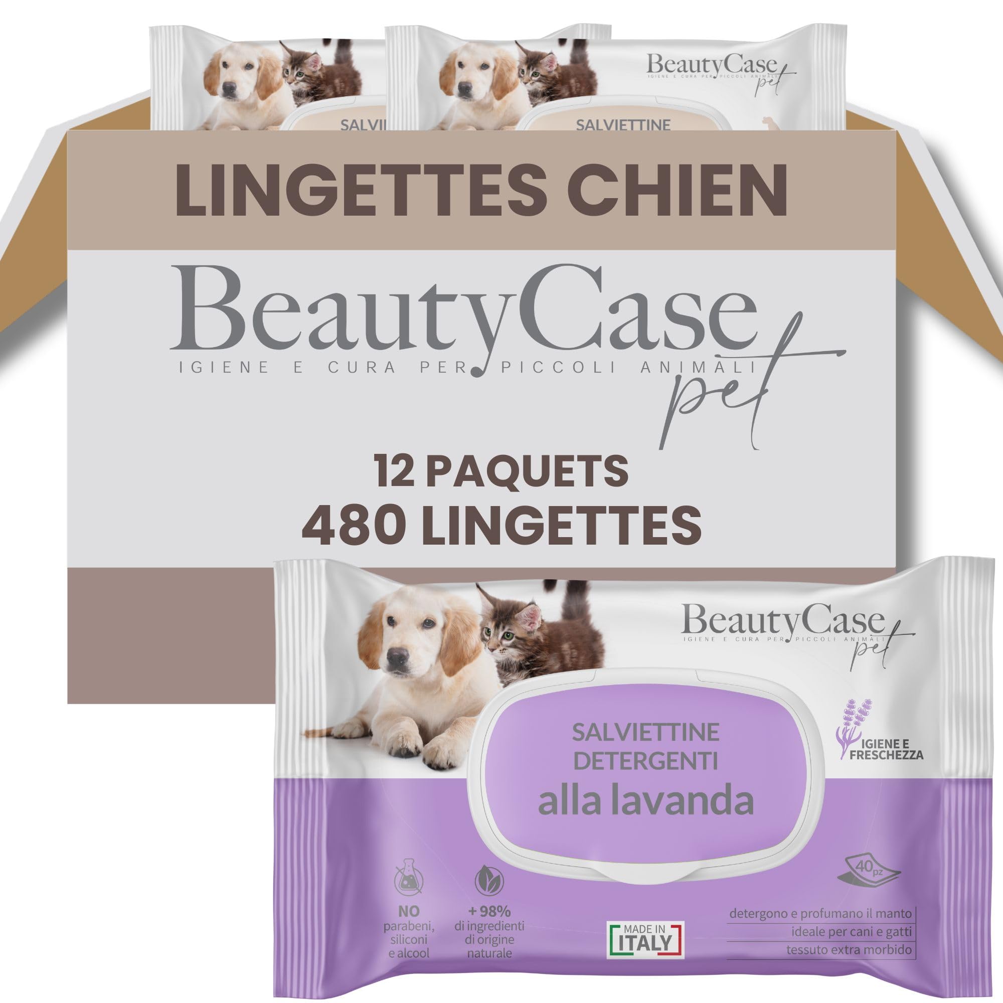 Beauty Case Lingette Chien 480 pcs (12x40) - Lingettes Douces pour Chien, Chiot et Chat - Extra Large 20x30cm - Corps et Pattes - Senteur Lavande