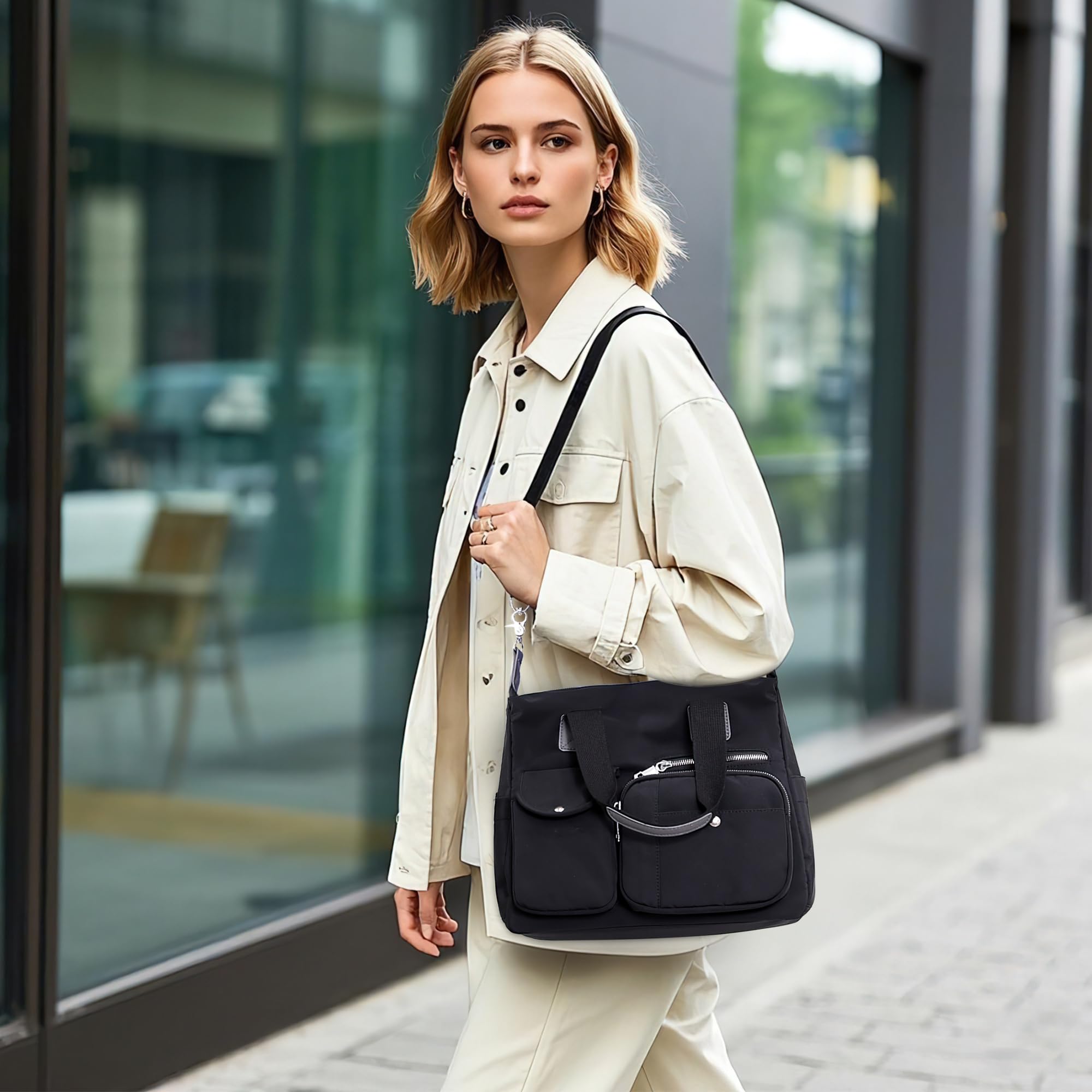 Borsa Donna Multitasche – Borsa A Mano In Nylon Impermeabile Con Tracolla Regolabile E Numerose Tasche, Grande Capacità Ideale Per Lavoro, Viaggi, Shopping E Quotidiano Nero Elegante