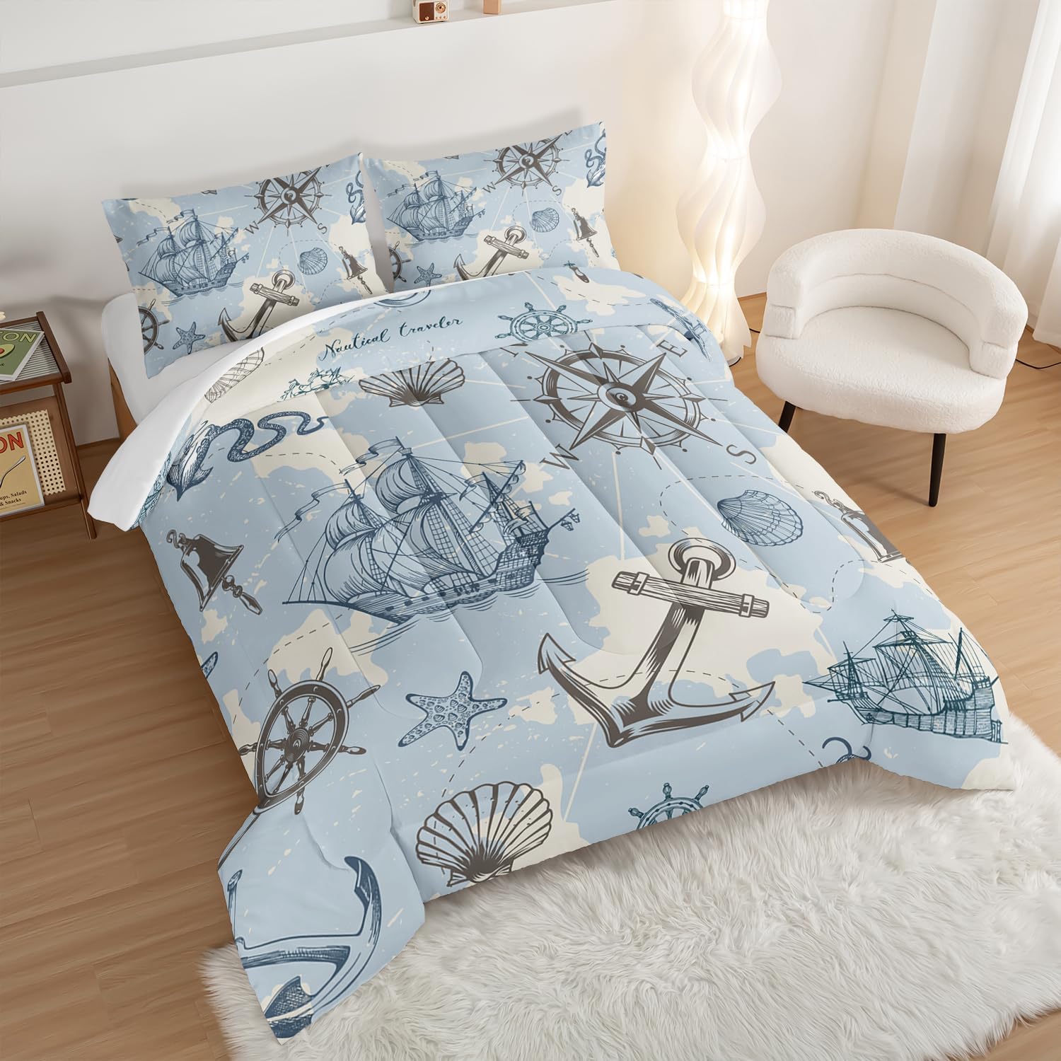HOSIMA Anchor Nautical Bedding Kids Comforter Set Twin Size,Compass Whale Sailing Shell Print Bed Sets for Girls Boys Room Decor,Grey Comforter Twin Bedding Set with 2 Pillowcases.