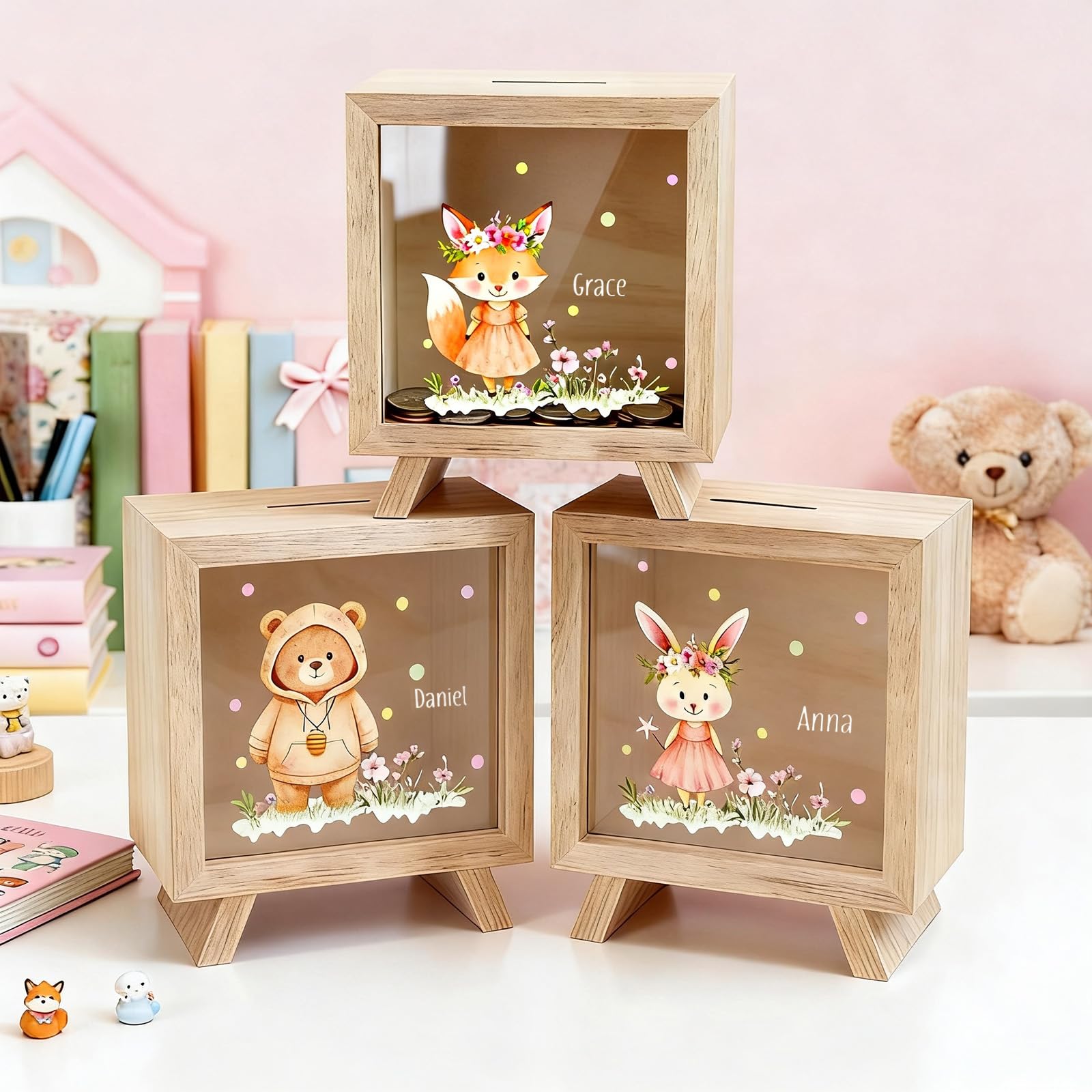 Personalisierte Holz-Sparschwein für Kinder,mit Blumen-Tieren (Hase, Bär),durchsichtige Box mit Name,Deko fürs Kinderzimmer,Geschenke zum 1.Geburtstag,Baby-Shower,Weihnachten,Ostern für Mädchen