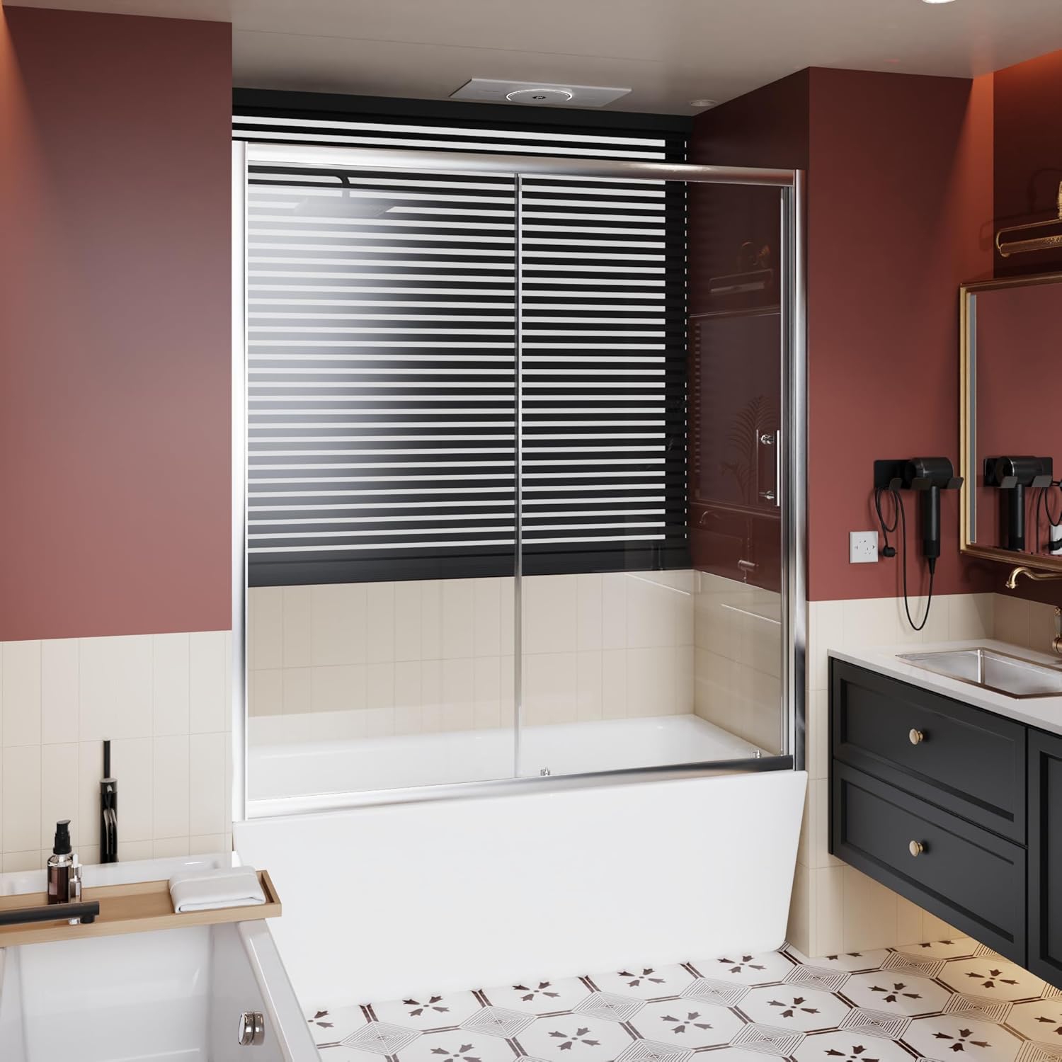 Sliding Shower Door for Bathtub, Glass and Metal, Chrome, Modern, 60W x 62H inches, Reversible Installation, 74.8 pounds, Professional Installation Recommended