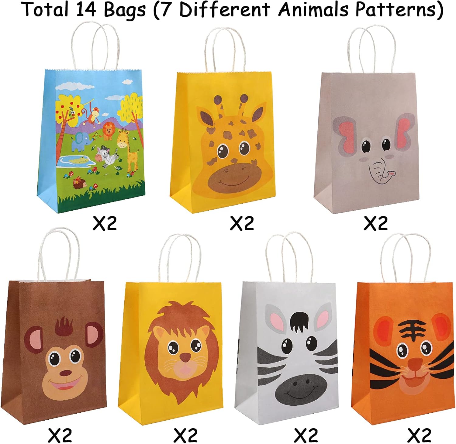 Yocharm 14 Pack Safari Party Favor Bags for Kids Animal Paper Bags with Handles Goodie Candy Treat Bags Kraft Paper Gift Bags for Birthday Halloween Christmas Jungle Theme Party Bags - Image 2