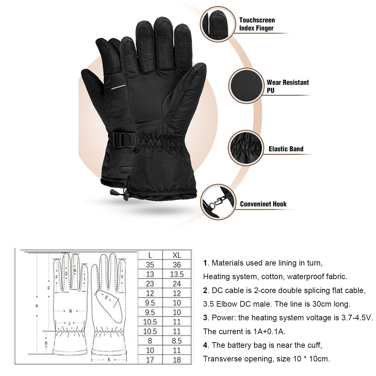 Moto Équitation Gants Chauffants Thermostat à Trois Vitesses Écran Tactile Intelligent Chauffage Électrique Résistant Au Froid Gants Épaississants de Ski Chaud,Black,L(31CM)