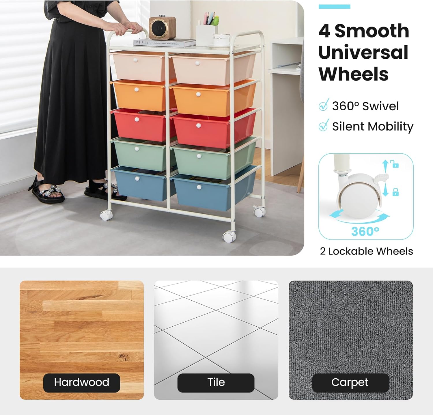 10-Drawer Rolling Cart with Drawers, Storage Cart with Universal Wheel & Metal Frame, Multipurpose Mobile Trolley Utility Cart for Makeup Kitchen Office Play Room (Macaron)