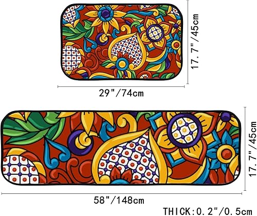 Miniatura 3 de Juego de 2 alfombras de cocina antifatiga, coloridas flores mexicanas de Talavera, alfombra de pasillo, comedor, lavable, antideslizante, para el