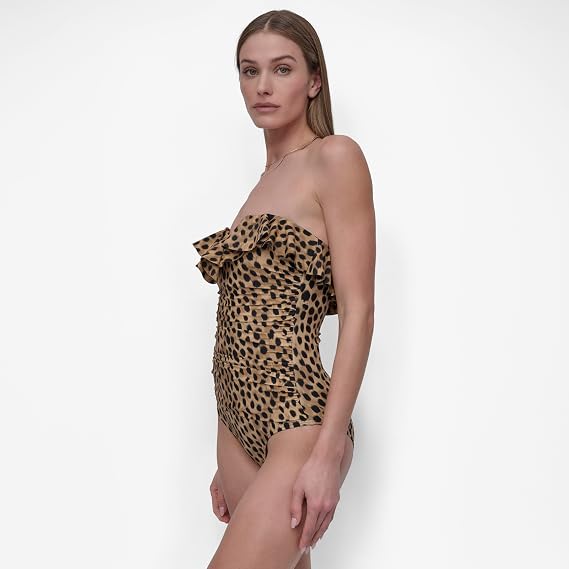 DKNY Womens Pin-up Ruffle Bandeau One Piece Swimsuit with Tummy Control