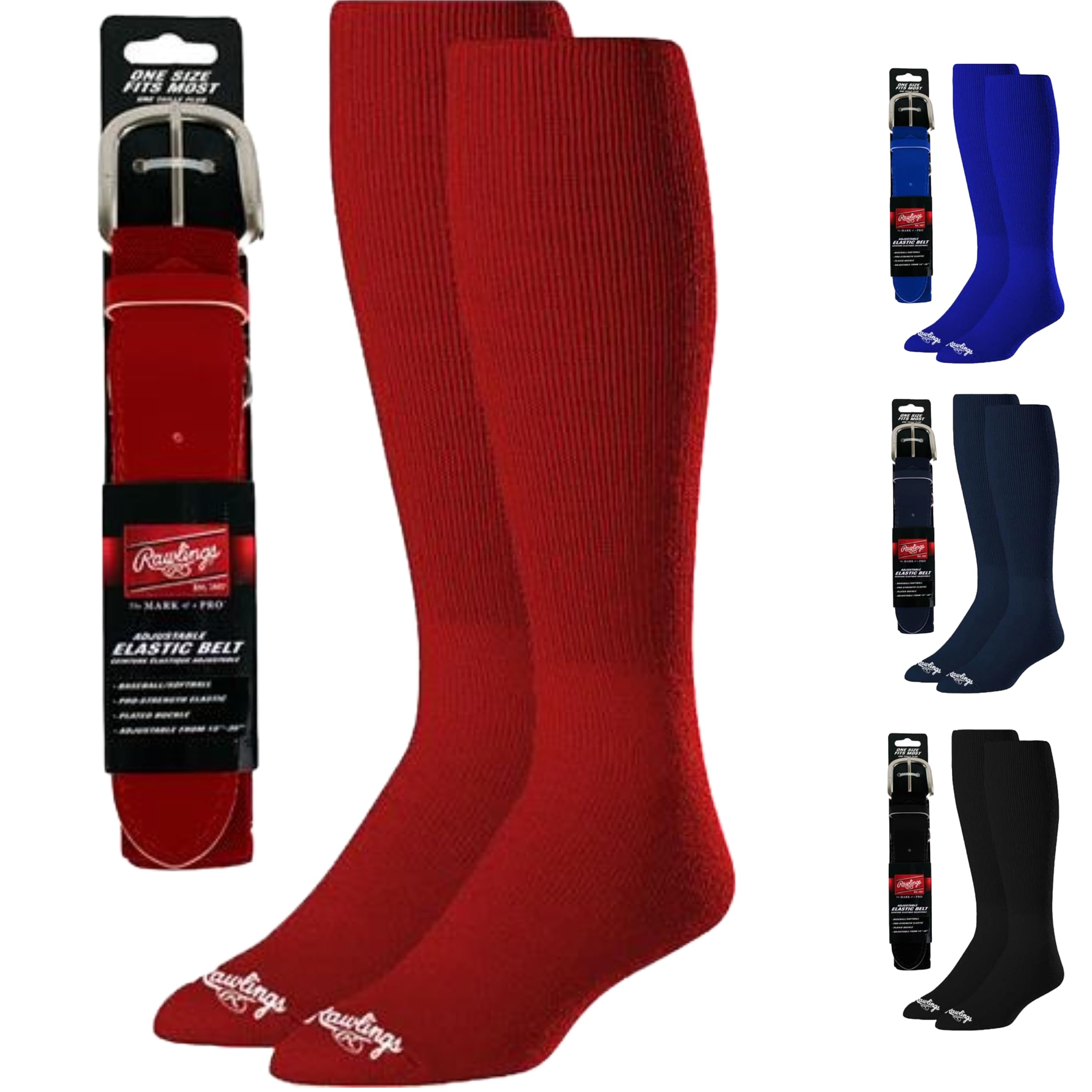 Rawlings Belt & Socks Combo | Baseball/Fastpitch Softball | Multiple Sizes & Colors Scarlet Red, Large, L