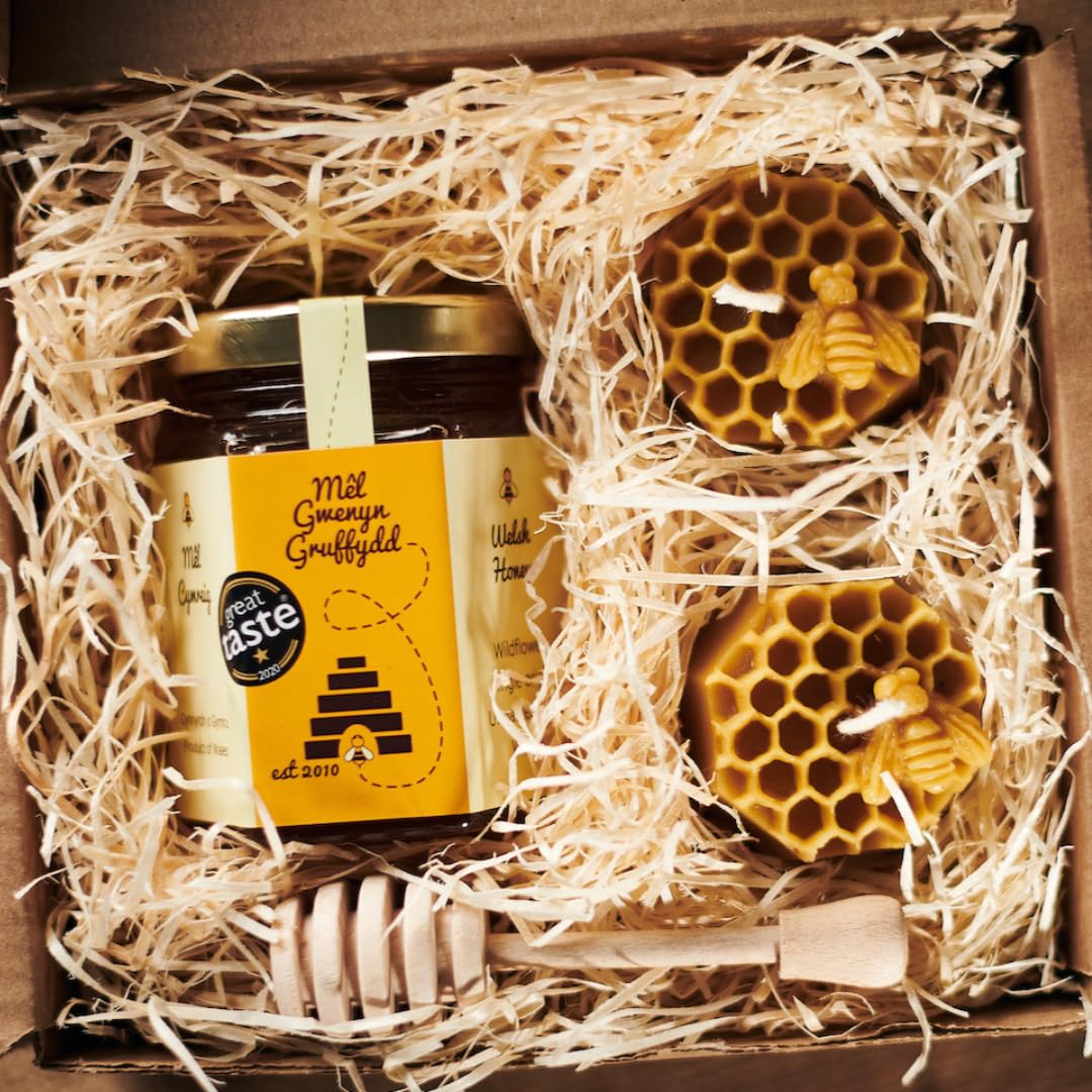 Mêl Gwenyn Gruffydd Est 2010 Gold Small Welsh Wildflower Honey And Beeswax Candle Hamper Gift Set Box | Honeycomb Hexagon Honeybees Tealight | 100% Pure & Natural Sustainable | British Honey Gift Set