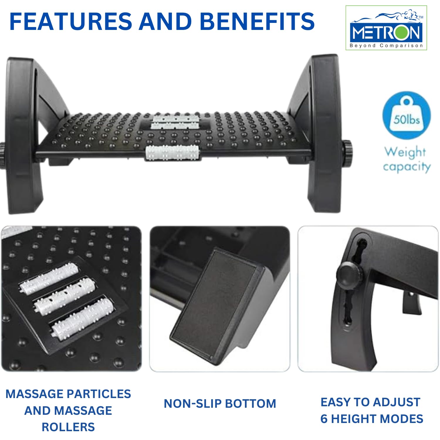 Metron Adjustable Under Desk Footrest For Office Chair, Gaming Chair, Home With Massage Texture And Roller, Plastic Ergonomic Foot With 6 Heights Adjustment, Color Black,(Pack Of 1) Metron Adjustable Under Desk Footrest For Office Chair, Gaming Chair, Home With Massage Texture And Roller, Plastic Ergonomic Foot With 6 Heights Adjustment, Color Black,(Pack Of 1)