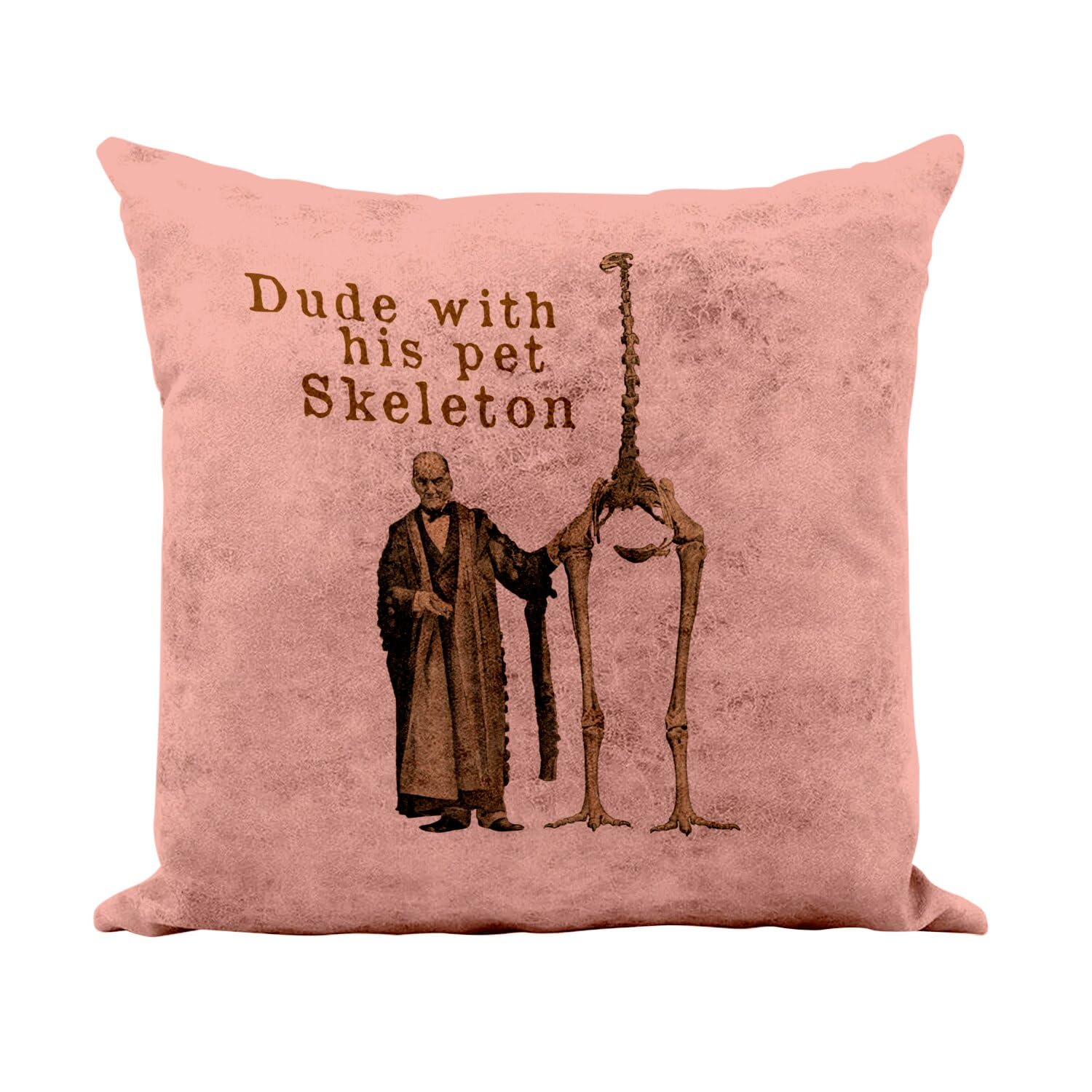 Coussin similicuir rose 40x40 cm avec illustration ancienne de biologie et squelette