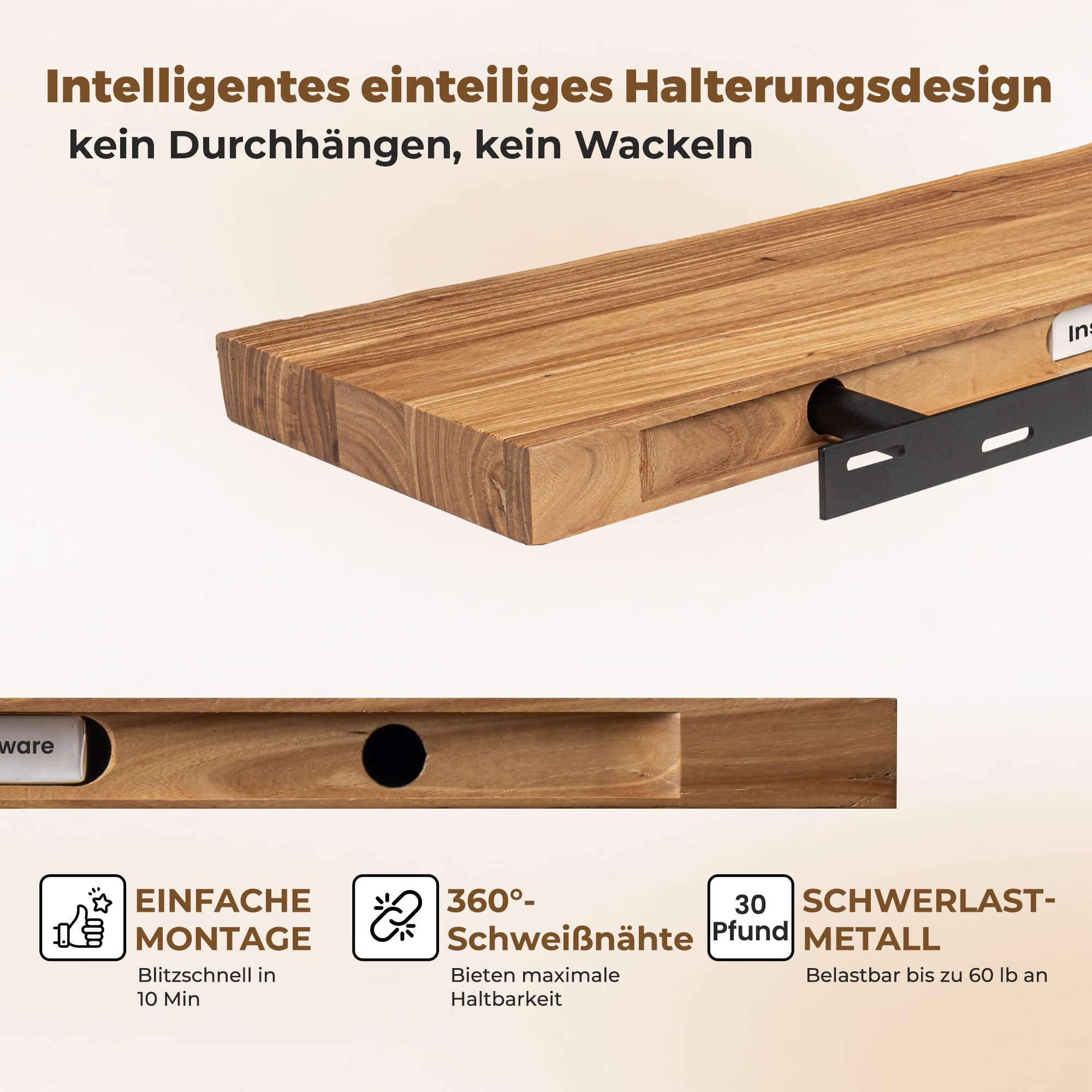 Axeman Schweberegal 2er Set mit Baumkante aus recyceltem Ulmenholz Massivholz – 40 x 20 x 3.5 cm Wandregal mit unsichtbarer Halterung für Wohnzimmer Küche Schlafzimmer Flur Büro in Natur