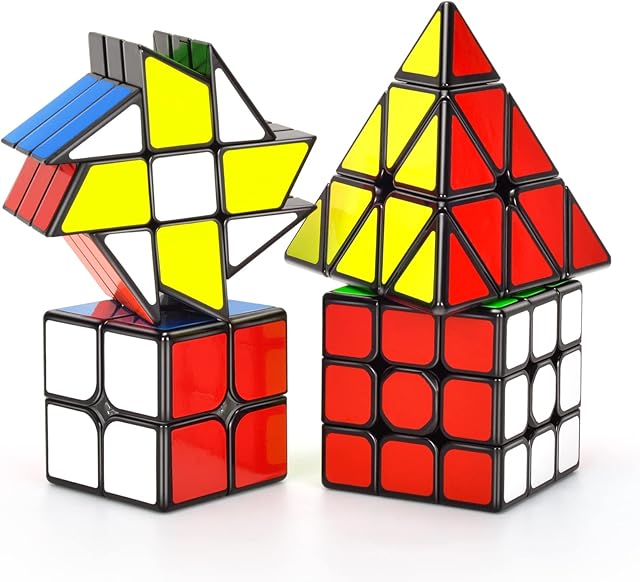 TOYESS 4 Pack Speed Cube Set, 2×2 + 3×3 + Windmill Cube + Pyraminx Cube, 3D Brain Teaser Toys for Children & Adults, Christmas Stocking Fillers for Kids Boys Girls, Black