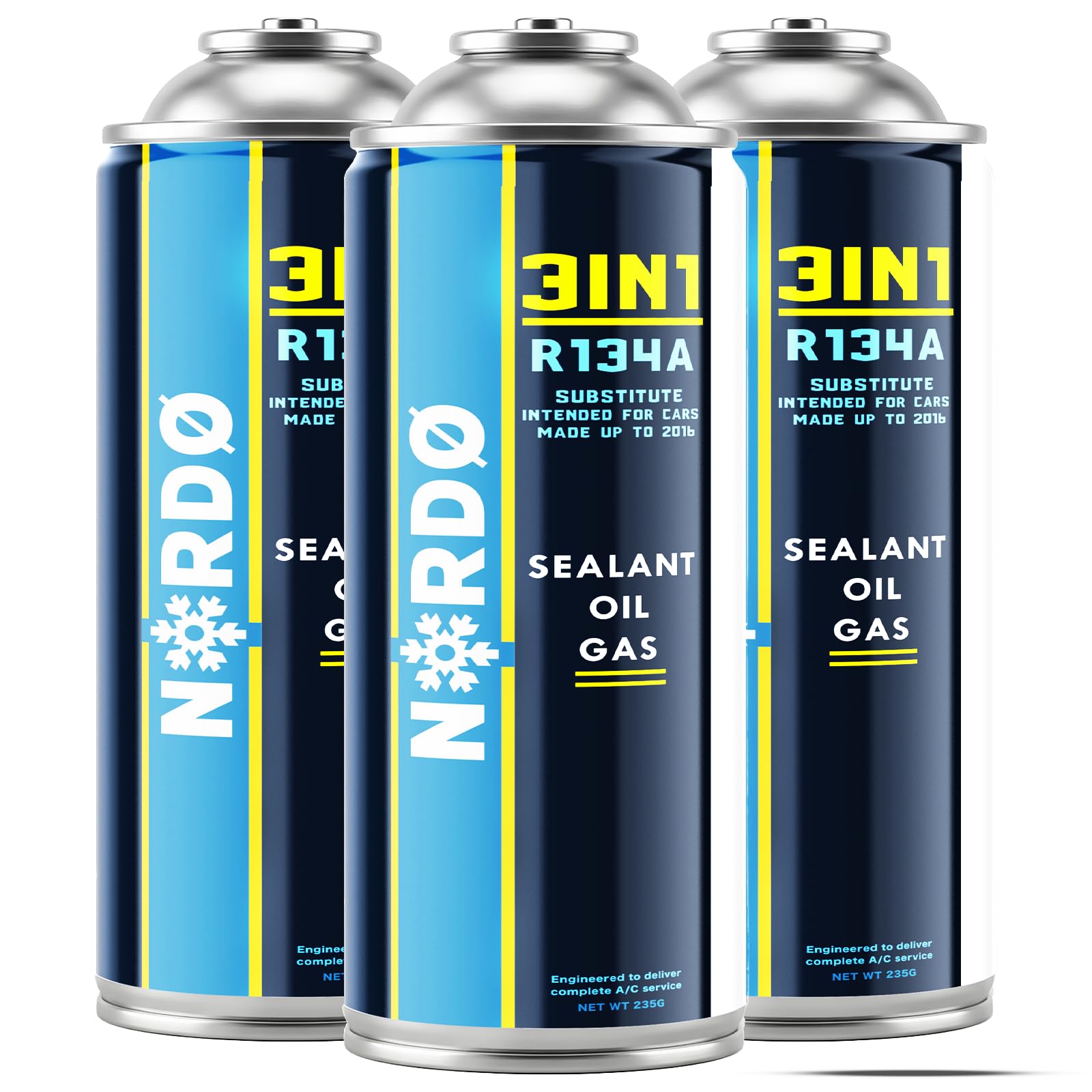 Nordo - 3in1 R134a Kältemittel Ersatzgas – Kühlmittel Klima Auto mit Klima Dichtmittel und Öl – 3 x 235 g Gasflaschen Set – Auto Klimaanlage Nachfüllset – Klimaanlage Wohnmobil – ECO