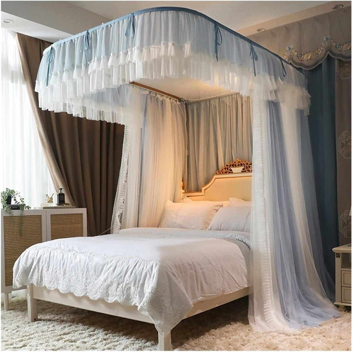 Princess Style Bed Canopy Mosquito Net, Height Adjustable, 360° Enclosure, Romantic Lace Floor-to-Ceiling Curtain, Privacy Protection,0.4